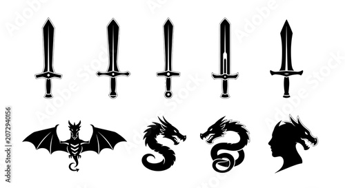 Fantasy Icons: Swords, Dragons, and Mythical Creatures - Black Silhouettes