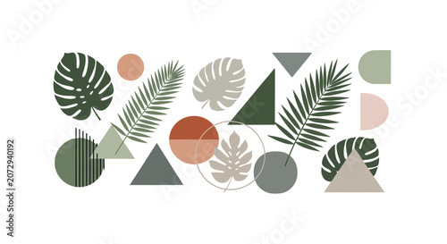 Geometric Abstract with Tropical Leaves - Modern Minimalist Pattern