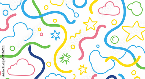 Playful Pattern: Clouds, Stars, and Swirls, Colorful Doodle Background