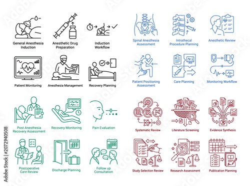 Medical Anesthesia Procedure Icons, a comprehensive vector collection of 24 outline symbols for surgical preparation, patient monitoring, and recovery planning