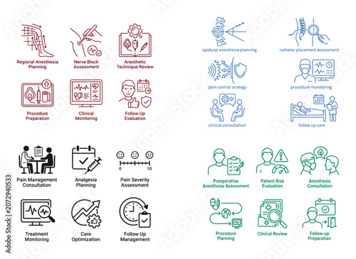 Medical procedure planning and pain management vector icon set, 24 outline icons for anesthesia, patient assessment, and clinical monitoring, healthcare technology and treatment optimization