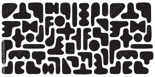 Abstract geometric pattern with intersecting lines and polygons in black and white.