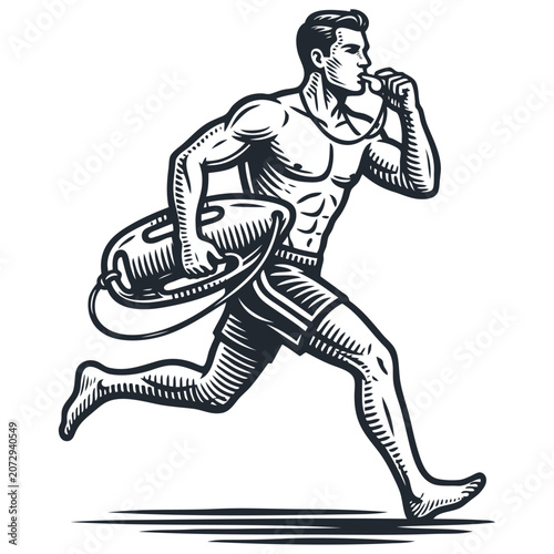 Vector engraving illustration of a muscular male lifeguard running with a rescue buoy and blowing a whistle. Monochrome vintage graphic isolated.