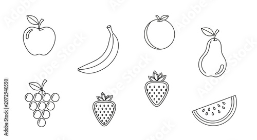 Outline fruit icons: apple, banana, orange, pear, grapes, strawberry, watermelon