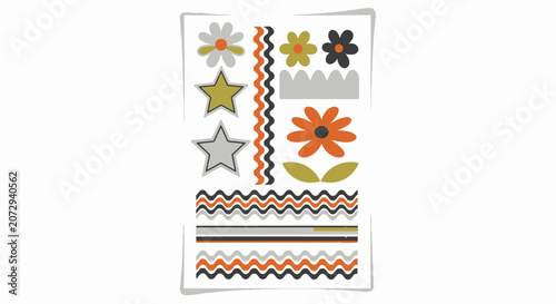 Retro Floral & Star Stickers, Wavy Borders, Graphic Elements