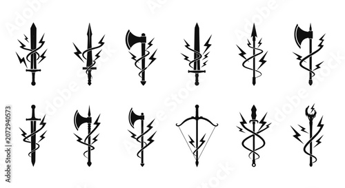 Mythical Weapon Symbols Set: Swords, Axes, Bows, and Staffs