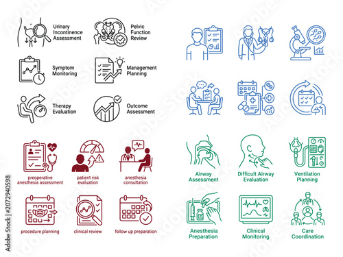 Medical assessment and treatment planning line icons, healthcare management and patient care vector collection, clinical review and therapy evaluation symbols isolated on Transparent Background