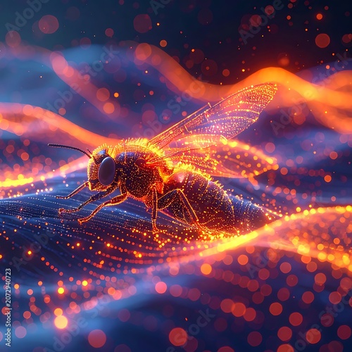 A glowing bee with neon-like wings and body
