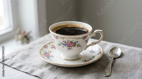 Hot Coffee in Ornate Floral Porcelain Cup with Saucer