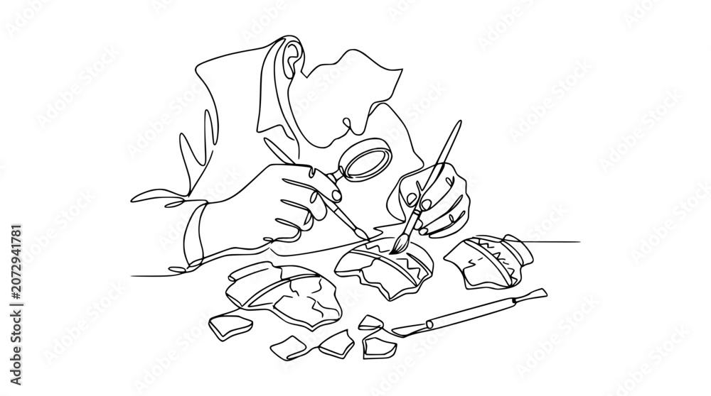 Fototapeta premium Archeologist Restoring Ancient Pottery Fragments with Tools and Magnifying Glass