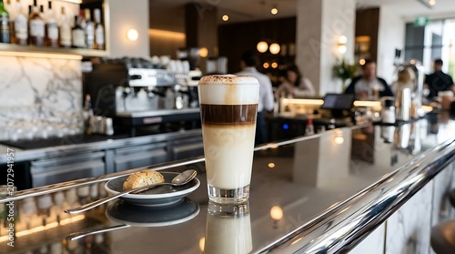 Tall Latte Macchiato with Pastry in Cafe Setting