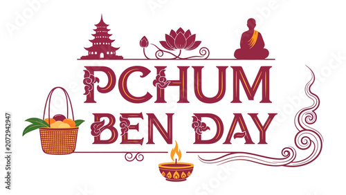 Slika na platnu Pchum Ben Day Festival: A vibrant illustration celebrating Pchum Ben Day, featuring traditional Khmer motifs like a pagoda, lotus flower, seated monk, offering basket, and a lit oil lamp