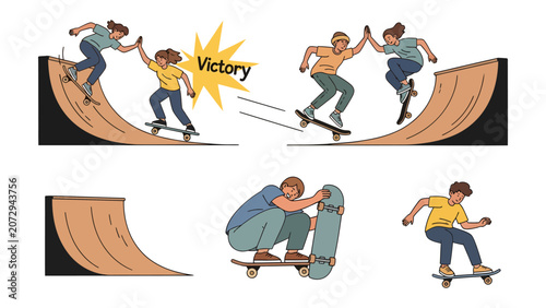 Skateboarders' Triumph: A dynamic illustration capturing the thrill of skateboarding with multiple scenes of skaters performing tricks, achieving victory, and celebrating their passion.