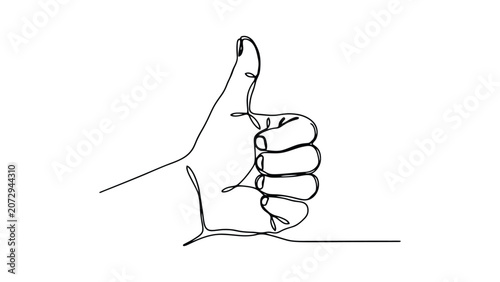 minimalist continuous line drawing of thumbs up hand gesture isolated on white background modern one line illustration representing approval success positivity confidence and support