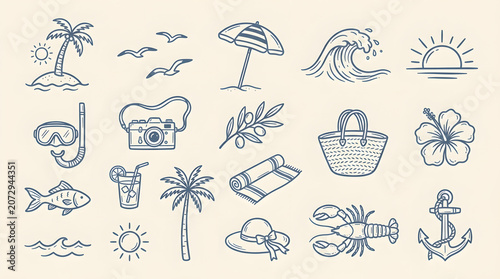Summer beach vacation icons set hand drawn doodle vector illustration tropical travel elements