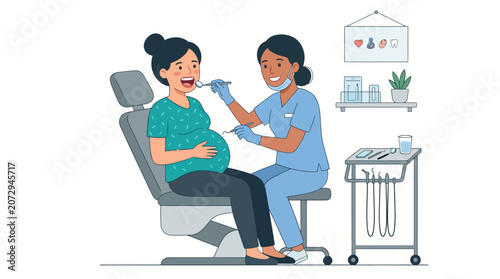 Dentist examining a pregnant woman's teeth.