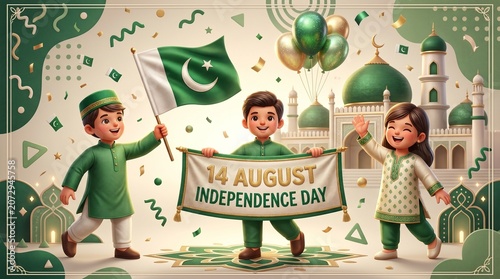 Pakistan Independence Day celebration with children, 14 August national holiday banner, kids holding flag and festive balloons near mosque
