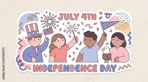 July 4th Independence Day sticker, patriotic American holiday illustration with diverse people, fireworks and Uncle Sam hat, USA celebration graphic