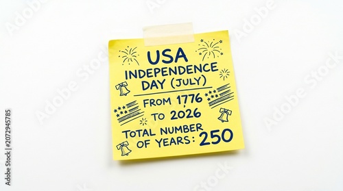 USA Independence Day 250th anniversary reminder on yellow sticky note, American semiquincentennial celebration message, Fourth of July holiday planning