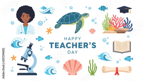 Foto Marine Biology Teacher Appreciation: A vibrant illustration celebrating Teacher's Day, featuring a marine biologist, sea turtle, coral reef, microscope, and graduation scroll