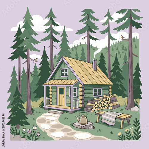 Photos Small green cabin in forest woods.