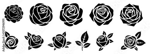 Foto Collection of black silhouette rose flower with and without leaves on white back