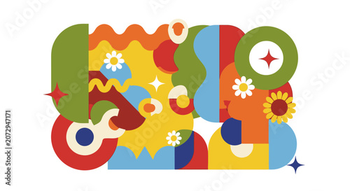 Groovy Abstract Shapes and Flowers Retro Style Vector Art