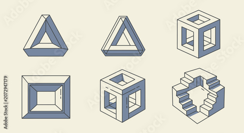 Impossible 3D Objects: Penrose Triangle, Cube, and Staircase