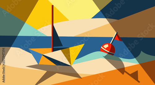 Geometric Sailboat on Beach at Sunset with Buoy, Abstract Art