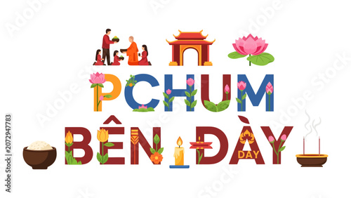 Tableau sur toile Tet Holiday Greeting: Vibrant lettering spelling out CHUM BÊN ĐÂY is adorned with traditional Vietnamese cultural elements, including a temple, lotus flowers, rice bowls, and a candle