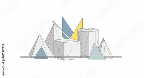 Geometric shapes, 3D models, abstract shapes, flat design, creative illustration