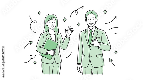 Friendly business team illustration with smiling professionals, woman holding folder and man giving thumbs up