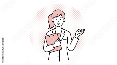 Friendly female doctor holding clipboard and presenting healthcare advice in clean vector line illustration