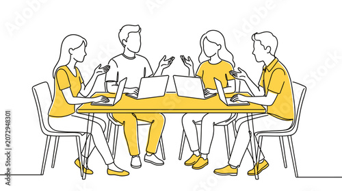 Business team meeting line art vector with coworkers collaborating at table using laptops in modern office