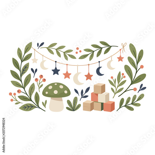 Foto whimsical nursery decor with mushroom.