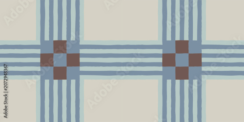Seamless geometric plaid pattern with hand-drawn blue stripes and brown checkered details on a beige background.