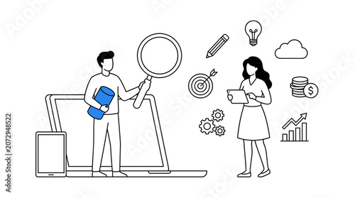 Business research and digital marketing strategy vector illustration with team, analytics icons, laptop and magnifying glass