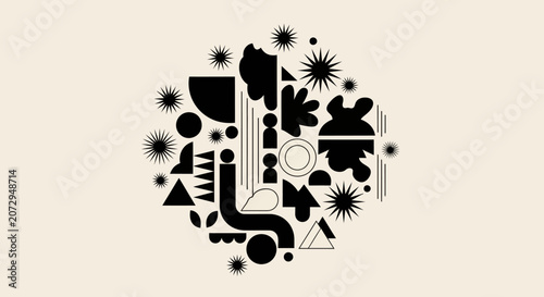 Abstract Geometric Shapes Composition, Black and White, Minimalist Design