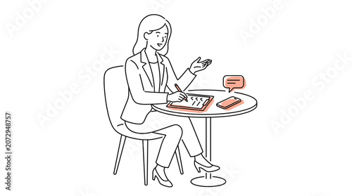 Businesswoman using tablet and smartphone chat at office table, professional communication line art vector illustration