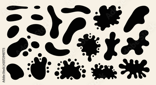 Black Abstract Organic Shapes Set on Beige Background, Splatters