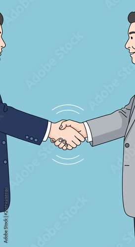 Businessmen shaking hands, agreement and partnership on light blue background