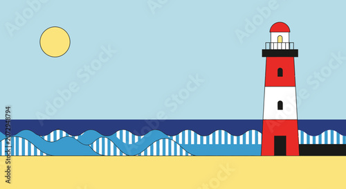 Coastal Beach Landscape with Lighthouse, Sun and Sea Waves