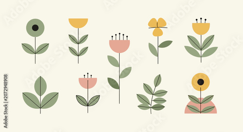 Geometric Floral Illustration Set - Minimalist Flowers and Leaves