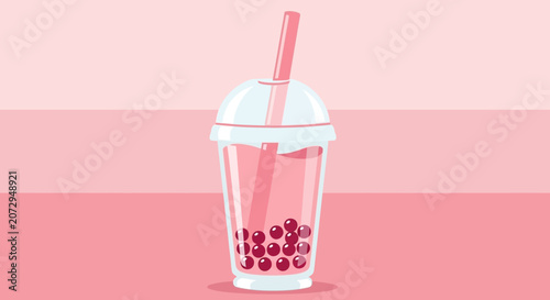 Pink Bubble Tea Drink with Straw and Tapioca Pearls