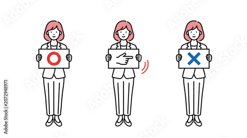 Business woman holding yes no and pointing signs, simple decision guide concept vector illustration set