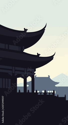 Pixel Art East Asian Temple Architecture Silhouette