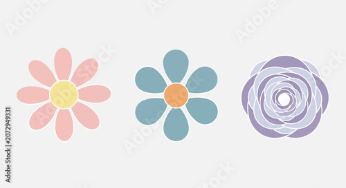 Pastel Flowers Icons: Daisy, Blue Flower, Rose Petals - Flat Design
