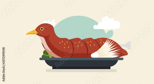 Roasted Duck Dish, Festive Meal, Culinary Art, Flat Design