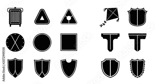 Vector Icons: Shields, Shapes, Trash Can, Traffic Signs, Kite
