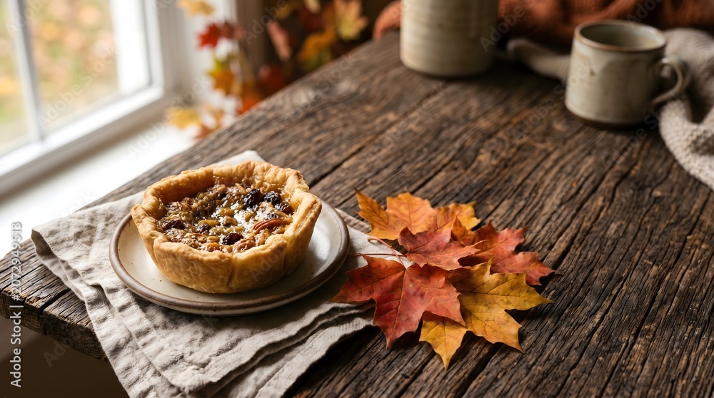 Naklejka premium A delicious pie on a plate with autumn leaves on a wooden table by a window with a mug and jug